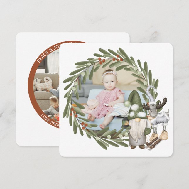 Tarjeta Festiva Marco de foto Gnome Moose personalizado para navid (Anverso / Reverso)