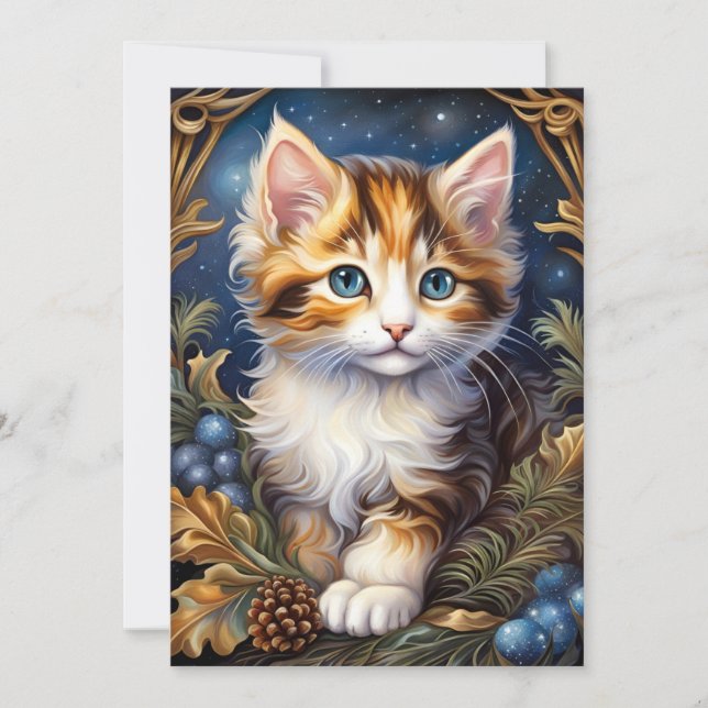 Tarjeta Festiva Marco de gatito calico con follaje de invierno (Anverso)