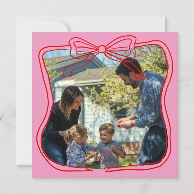 Tarjeta Festiva Marco de lazo garabato rojo Foto personalizada ros (Anverso)