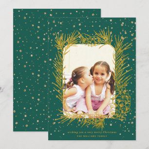 Tarjeta Festiva Marco de pino dorado, foto de Navidades verdes