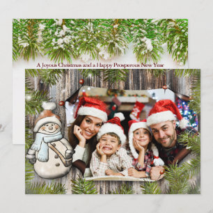 Tarjeta Festiva Marco de Snowman de madera rústica con texto en fo