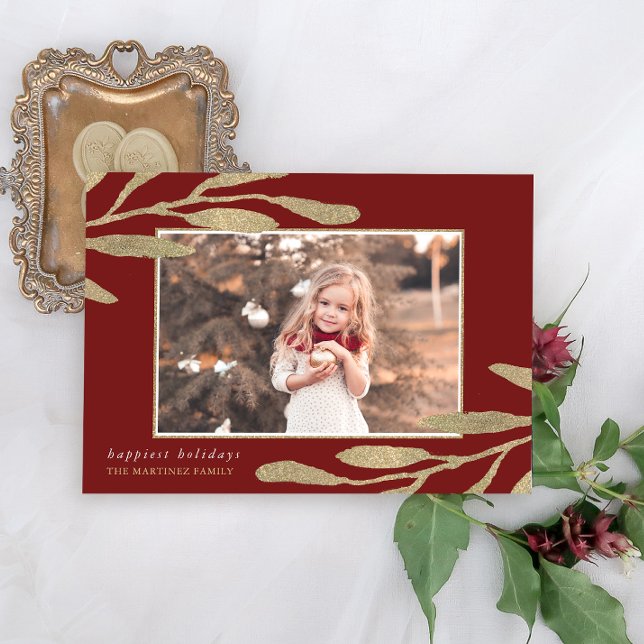 Tarjeta Festiva Marco falso dorado con foto de hojas botánicas (Subido por el creador)