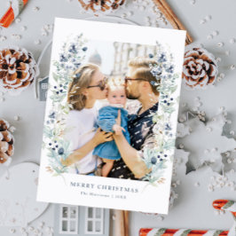 Tarjeta Festiva Marco floral de invierno azul polvoriento Foto