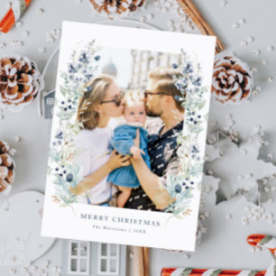 Tarjeta Festiva Marco Floral de Invierno Azul Polvoriento Foto