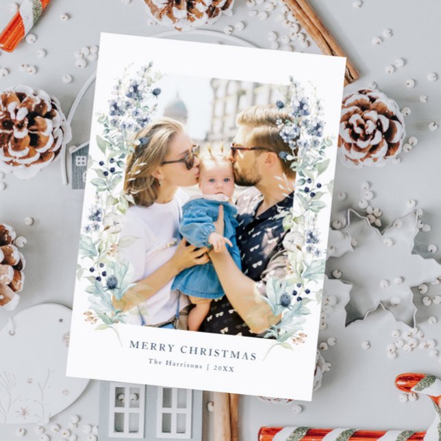 Tarjeta Festiva Marco floral de invierno Dusty Blue Photo (Subido por el creador)