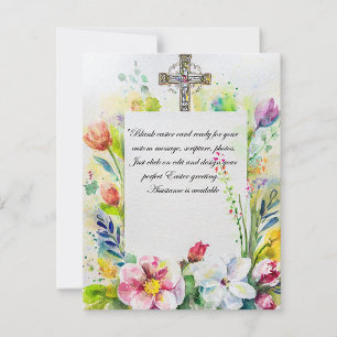 Tarjeta Festiva marco floral de Pascua con cruz en blanco