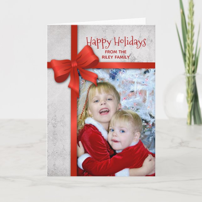 Tarjeta Festiva marco fotográfico con arco de regalo de Navidades  (Anverso)