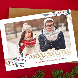 Tarjeta Festiva Marco fotográfico de las Berries Rojas Gold | Feli