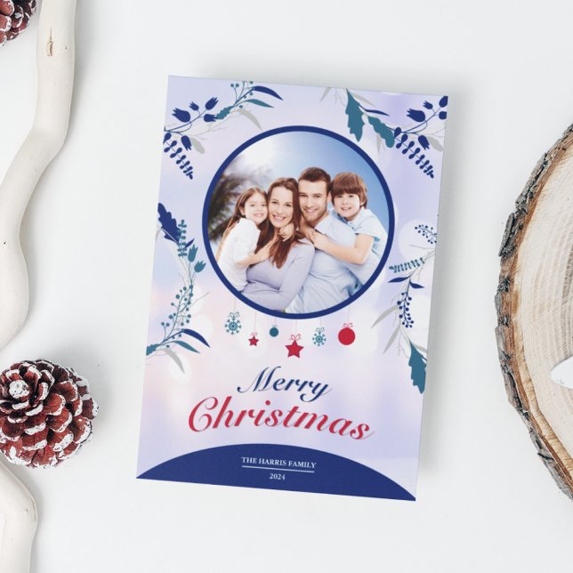 Tarjeta Festiva Marco fotográfico floral azul de la Marina Botánic (Navy Blue Botanical Floral Photo Frame Christmas Holiday Card)