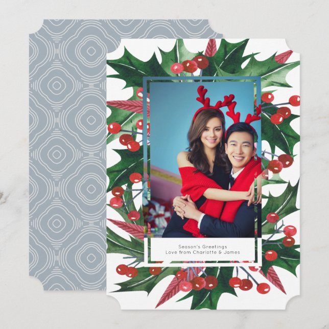 Tarjeta Festiva Marco fotográfico holly de vacaciones personalizad (Anverso / Reverso)