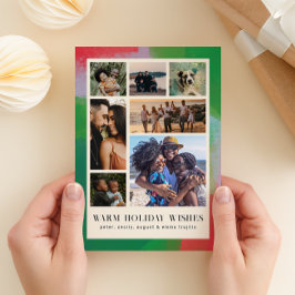 Tarjeta Festiva Marco pintado verde y rojo y siete fotos