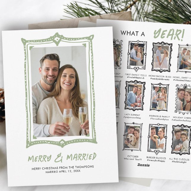 Tarjeta Festiva Marcos de garabatos dibujados a mano Primera Navid (hand drawn first year married christmas card photo collage newlywed wedding anniversary review)
