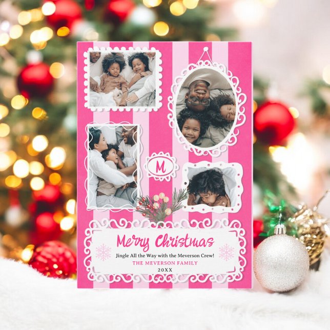 Tarjeta Festiva Marcos ornamentales de época Navidades rosados 5 f (Vintage ornate frames Pink Christmas 5 photos Holiday Card)