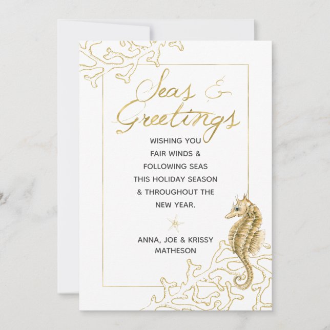 Tarjeta Festiva Mares blancos y dorados Navidades náuticos (Anverso)