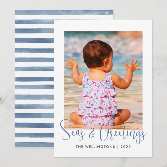 Tarjeta Festiva Mares costeros y saludos Foto Aqua Blue Striped (Anverso / Reverso)