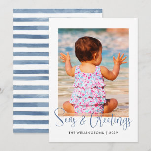 Tarjeta Festiva Mares Costeros y Saludos Foto Rayas Azul Acuático