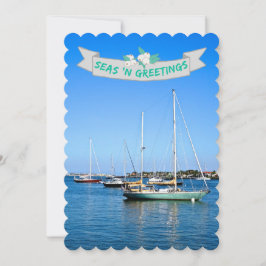 Tarjeta Festiva Mares costeros y saludos veleros en la bahía