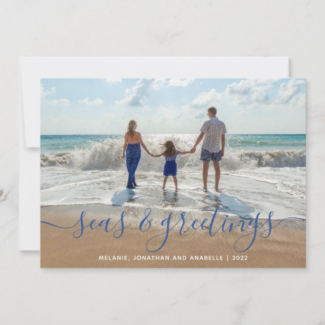 Tarjeta Festiva Mares de playa y saludos Guión manuscrito Azul (Anverso)