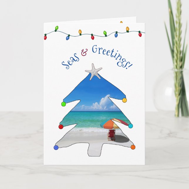 Tarjeta Festiva Mares divertidos y saludos Foto Navidades de playa (Anverso)