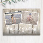 Tarjeta Festiva Mares y saludos 5 Photo Beach Vacation Wood<br><div class="desc">Usa tus fotos favoritas de vacaciones en la playa para crear una hermosa y divertida tarjeta de Navidades. "Mares y saludos" está al frente con tu mensaje personalizado en la parte inferior de una rústica huella de madera costera. En la parte trasera también encontrarás la impresión de madera, una sala...</div>