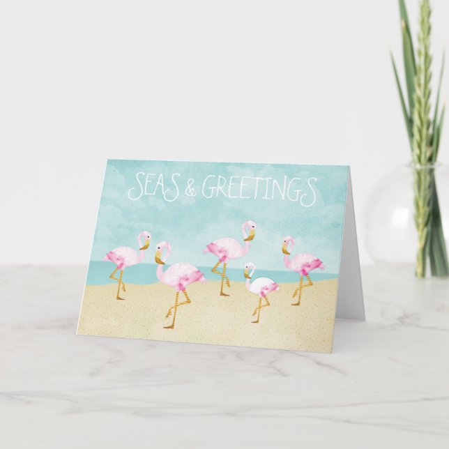 Tarjeta Festiva Mares y saludos acuarela Flamingos rosas (Anverso)