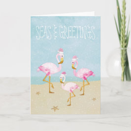 Tarjeta Festiva Mares y saludos acuarela Flamingos rosas