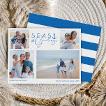Tarjeta Festiva Mares y saludos Blue Nautical Múltiple foto<br><div class="desc">Disfrute de un ambiente náutico, casual y costero, con nuestra colección de Navidades vacacionales inspirados en la costa. El diseño presenta un diseño de cuatro fotos para mostrar sus hermosas fotos familiares y de vacaciones. "Seas and Greetings" está diseñado en un elegante diseño de tipografía azul costal. El reverso presenta...</div>