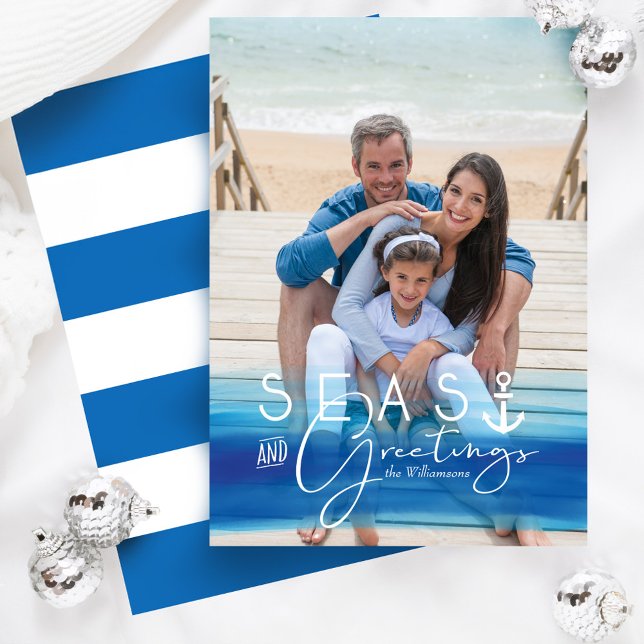 Tarjeta Festiva Mares y saludos Costa Azul Océano Ombre Foto (Seas & Greetings Coastal Blue Ocean Ombre Photo Holiday Card)