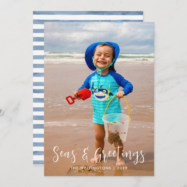 Tarjeta Festiva Mares y saludos costeros|Llanto de fotos blancas (Anverso / Reverso)