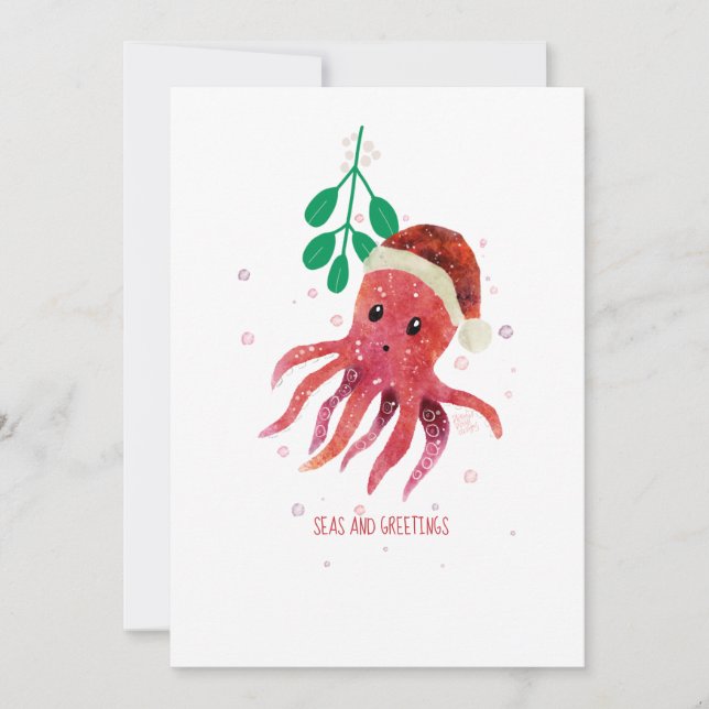 Tarjeta Festiva Mares y saludos de pulpo bonitos Mistleto (Anverso)