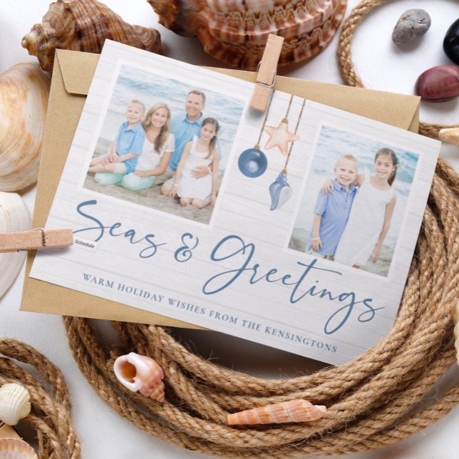 Tarjeta Festiva Mares y saludos Foto de festividades costeras de m (Seas and Greetings Coastal Wood Holiday Photo Cards)