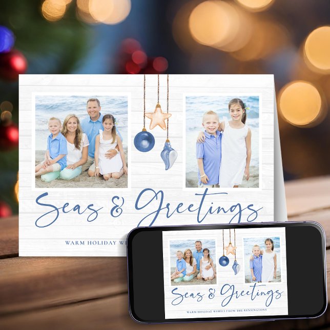 Tarjeta Festiva Mares y saludos Foto de festividades costeras de m (Seas and Greetings Coastal Wood Holiday Photo Folded Card)