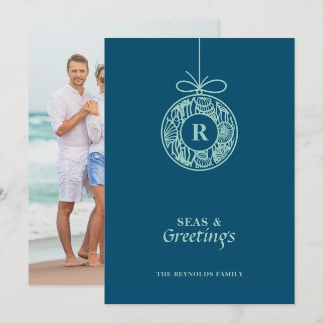 Tarjeta Festiva Mares y saludos Ornamento de conchas marinas (Anverso / Reverso)