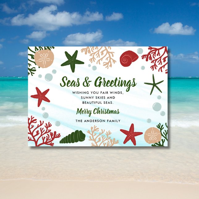 Tarjeta Festiva Mares y saludos Playa Nautical Ocean Beach Green (Subido por el creador)