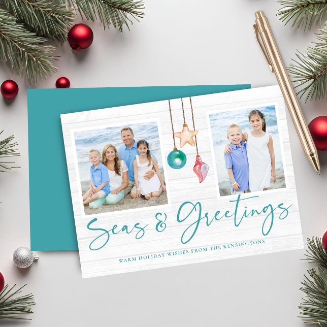 Tarjeta Festiva Mares y saludos verde azulados Foto de festividade (Teal Seas and Greetings Coastal Wood Holiday Photo Card)