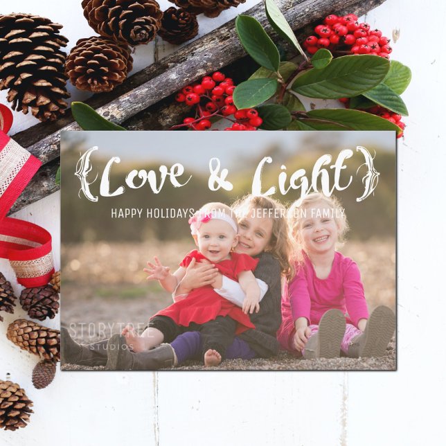 Tarjeta Festiva Marfil Elegido Esbozo de Amor y Festividad Ligera  (Ivory Elegant Sketched Love and Light Holiday Photo Card)