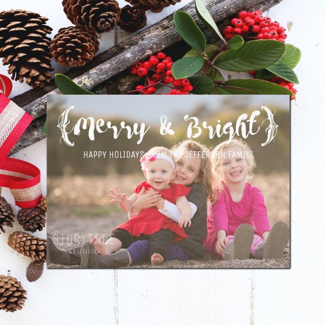 Tarjeta Festiva Marfil Elegido Sketched Merry & Bright Photo (Ivory Elegant Sketched Merry and Bright Holiday Photo Card)