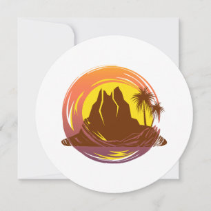 Tarjeta Festiva Margen con el paisaje volcánico tropical y palmera