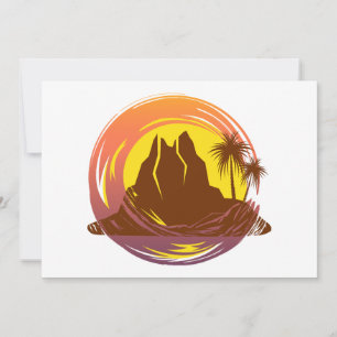 Tarjeta Festiva Margen con el paisaje volcánico tropical y palmera