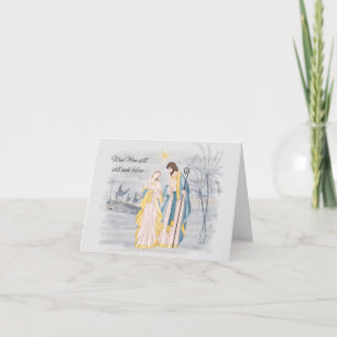Tarjeta Festiva María, José y Jesús azules y dorados