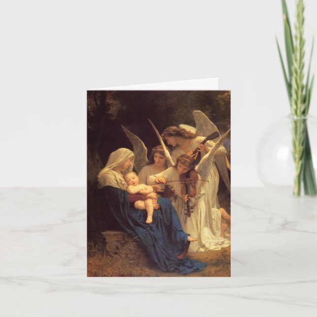Tarjeta Festiva María, niño Jesús y ángeles - con mensaje (Anverso)