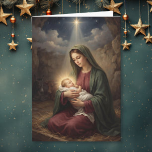 Tarjeta Festiva María y el Niño Jesús bajo la estrella de Belén