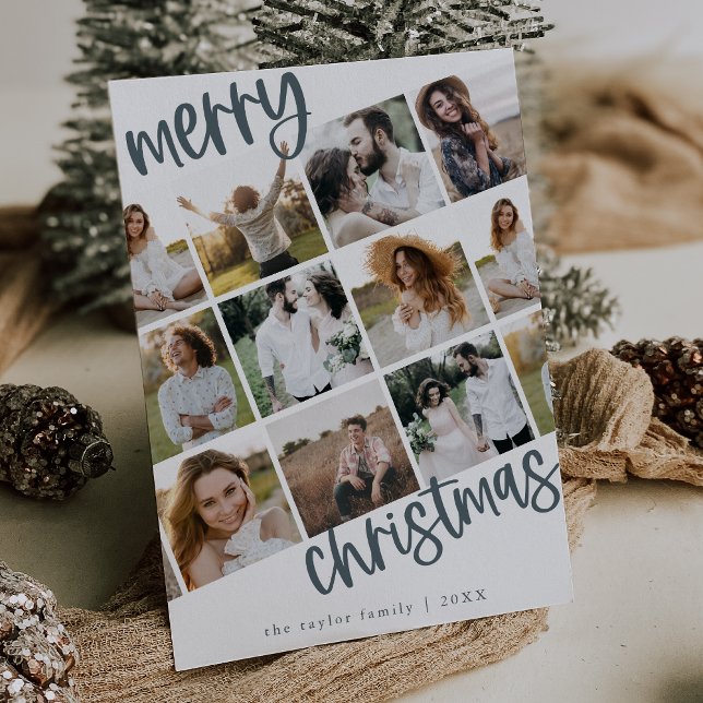 Tarjeta Festiva MARIAH Familia DIVERSIÓN Azul Navidades multifoto (MARIAH Blue Fun Family Multi Photo Christmas Holiday Card)