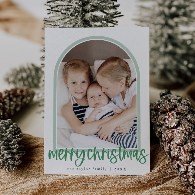 Tarjeta Festiva MARIAH Green Arch Family Photo Merry Christmas (MARIAH Green Arch Family Photo Merry Christmas Holiday Card)