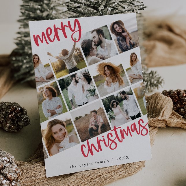 Tarjeta Festiva MARIAH Navidades de fotografía múltiple de familia (MARIAH Red Unique Fun Family Multi Photo Christmas Holiday Card)