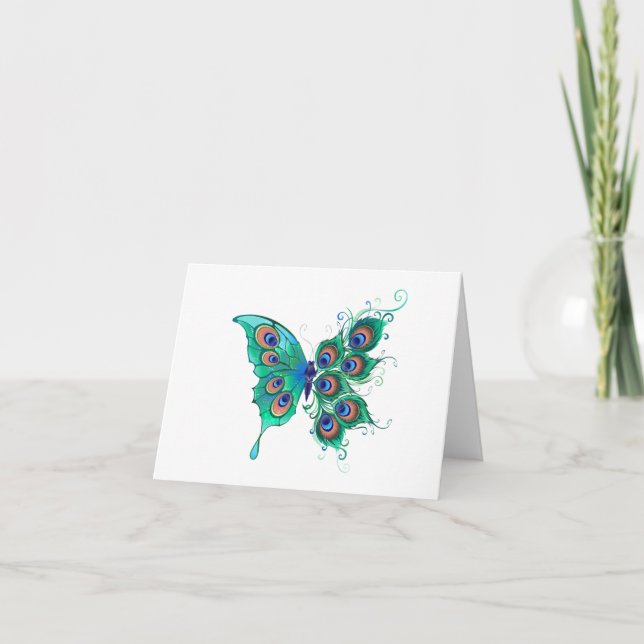 Tarjeta Festiva Mariposa con plumas de pavo real verde (Anverso)