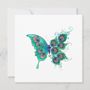 Tarjeta Festiva Mariposa con plumas de pavo real verde