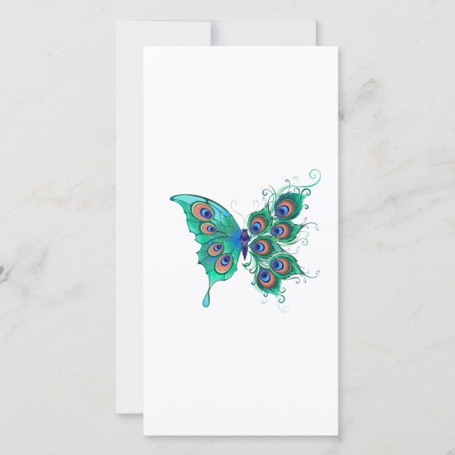 Tarjeta Festiva Mariposa con plumas de pavo real verde (Anverso)