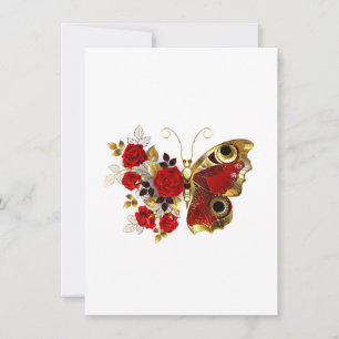 Tarjeta Festiva Mariposa de flor roja con rosas rojas