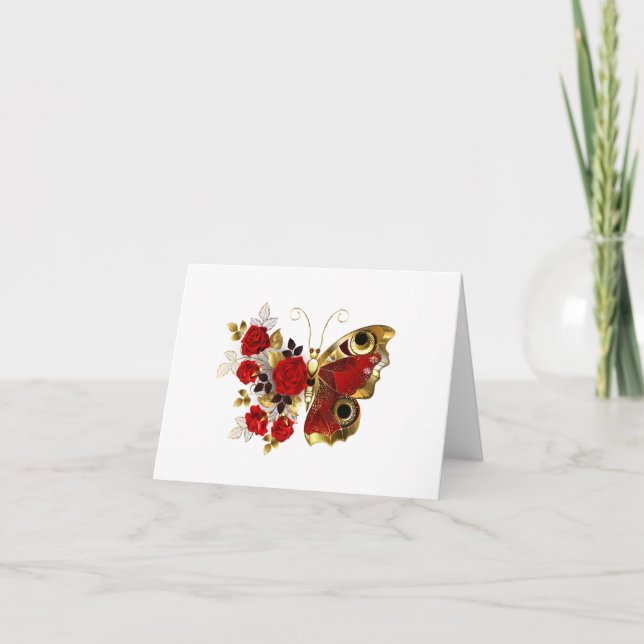 Tarjeta Festiva Mariposa de flor roja con rosas rojas (Anverso)